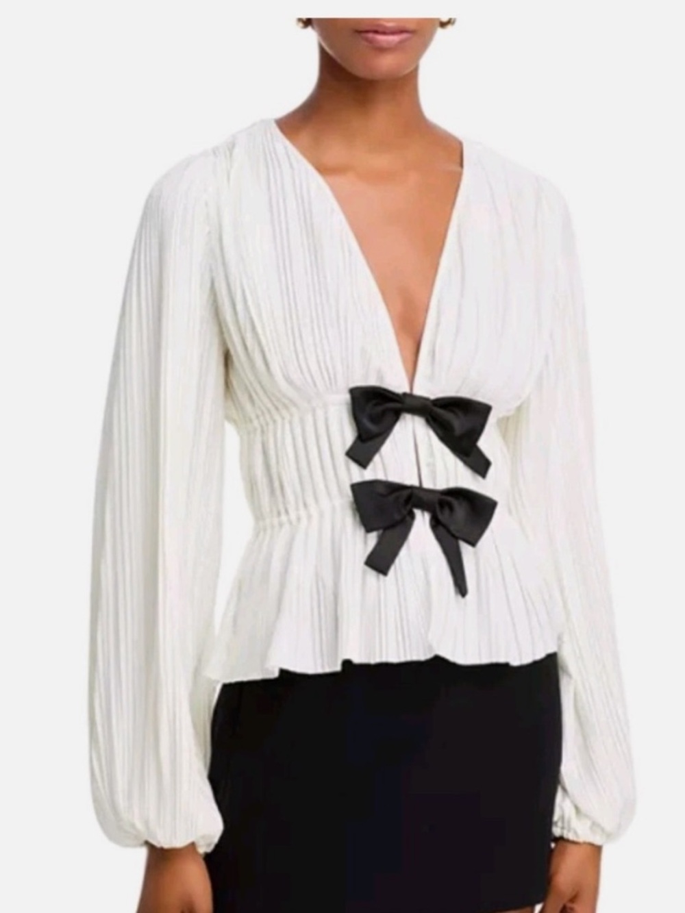 Wayf Ivory Pleated V-Neck Blouse with Black Bow Accents